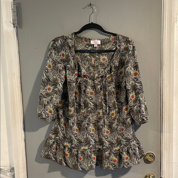 Liberty of London Tops - Liberty of London Shirt Women’s M Peacock‎ Feather Peplum 3/4 Sleeve Ruffle Top